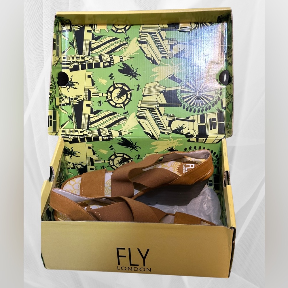 FLY London Women's Cupido Honey Wedge Heel Sandals size 42 New In Box - Picture 4 of 9